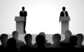 Silhouette illustration of two men figure debating on podium