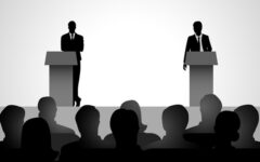 Silhouette illustration of two men figure debating on podium