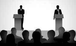 Silhouette illustration of two men figure debating on podium